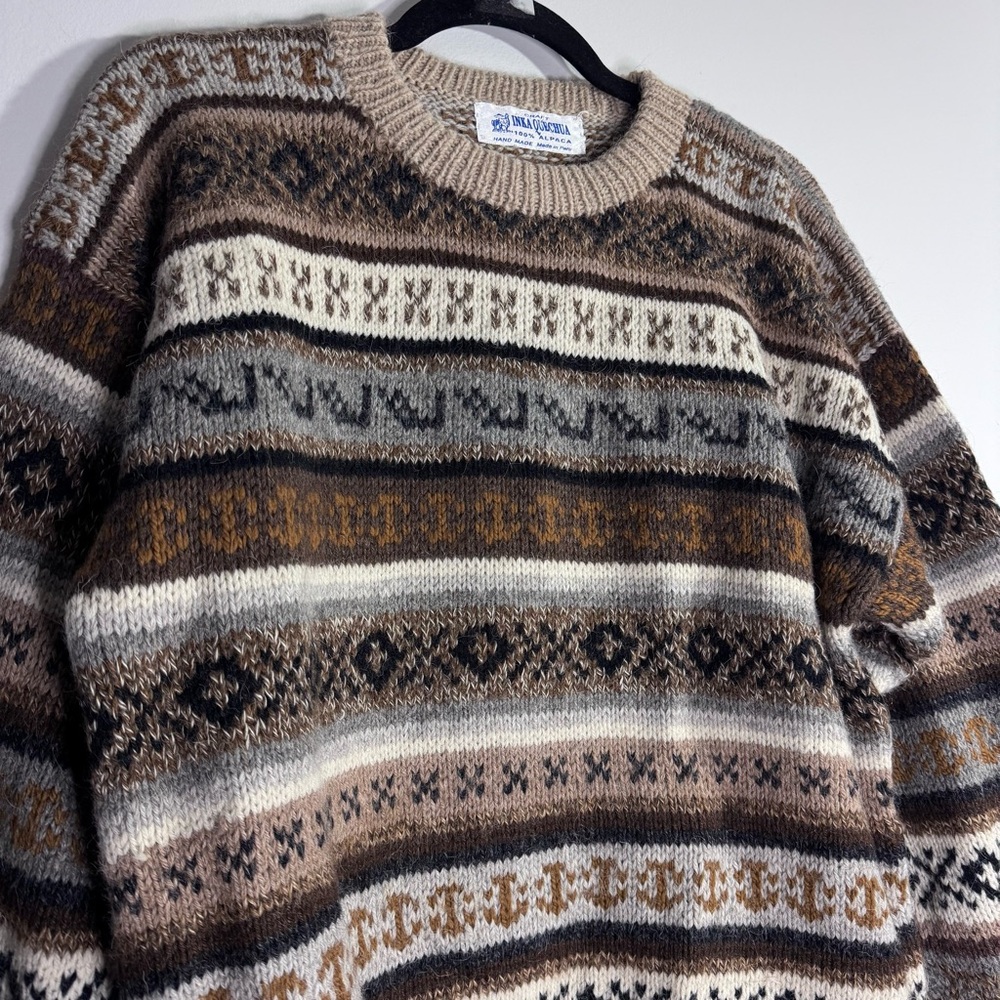 Inka Quechua 100% Alpaca Sweater Peru Fair Isle Nordic Knit Handmade